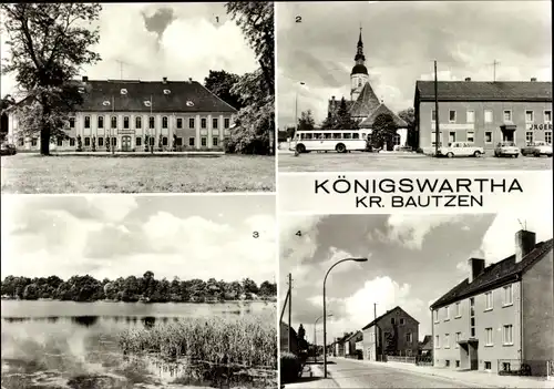 Ak Königswartha in der Oberlausitz, Binnenfischereischule, Kirchplatz, Teich, Hauptstraße