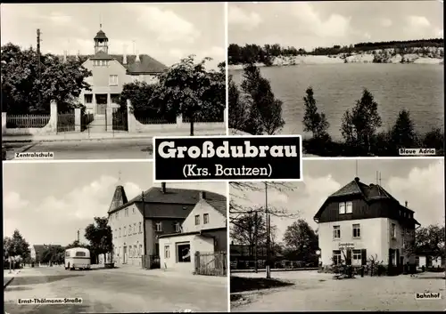 Ak Großdubrau in Sachsen, Zentralschule, Blaue Adria, Ernst Thälmann Straße, Bahnhof