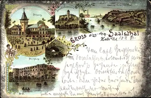 Litho Halle an der Saale, Peißnitz, Ruine Giebichenstein, Moritzburg, Jahnhöhl, Trotha'sche Felsen