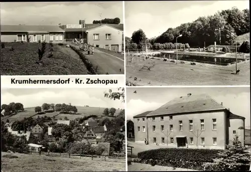 Ak Krumhermersdorf Zschopau im Erzgebirge, Stadion der Bauarbeiter, Freibad, Oberdorf, Kulturhaus