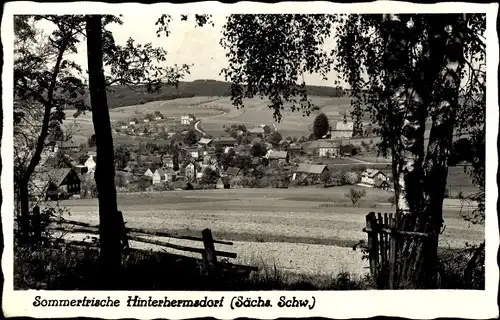 Ak Hinterhermsdorf Sebnitz Sächsische Schweiz, Blick übers Feld auf den Ort