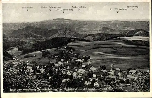 Ak Saupsdorf Sebnitz Sachsen, Panorama vom Wachberg, Zschirnsteine, Teichstein