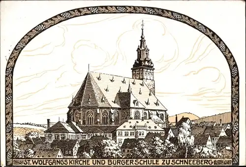 Künstler Ak Major, Albert, Schneeberg im Erzgebirge, St. Wolfgangs Kirche und Bürgerschule