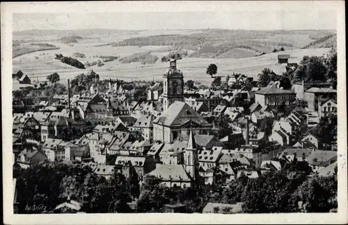 Ak Lößnitz im Erzgebirge Sachsen, Gesamtansicht der Stadt mit Kirche im Zentrum