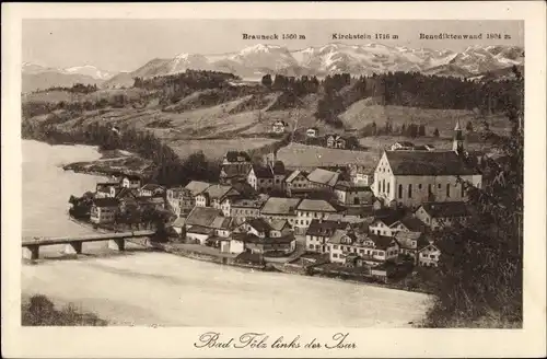 Ak Bad Tölz in Oberbayern, Ortsansicht mit Kirche, Brauneck, Kirchstein, links der Isar