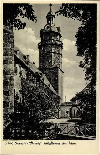 Ak Ohrdruf in Thüringen, Schloss Ehrenstein, Turm und Schlossbrücke