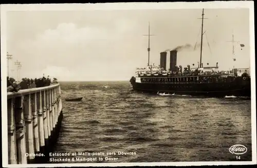 Ak Ostende Westflandern, Estacade, Malle poste vers Douvres, Postschiff nach Dover