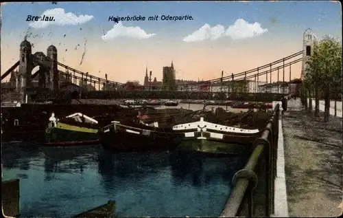 Ak Wrocław Breslau Schlesien, Kaiserbrücke mit Oderpartie, Boote