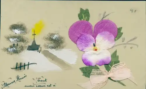 Zelluloid Ak Stiefmütterchen und Schleife aus Stoff, Kirche