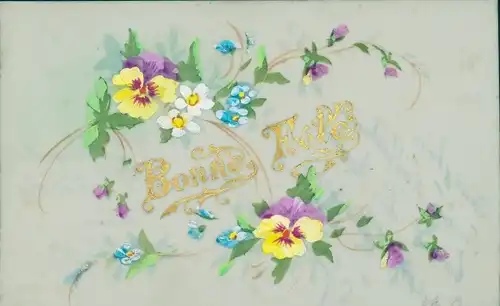 Zelluloid Ak Glückwunsch, Bonne Fete, Stiefmütterchen