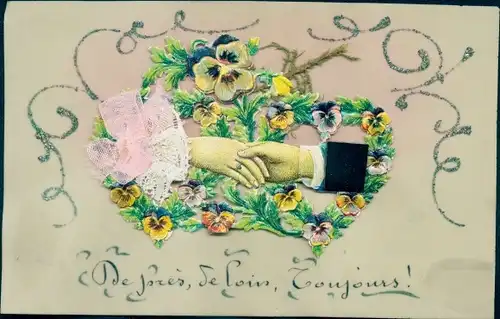 Zelluloid Glitzer Ak Händedruck, Stoffschleife, Stiefmütterchen, Kitsch