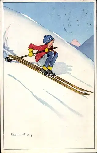Künstler Ak Skifahrer versucht zu bremsen