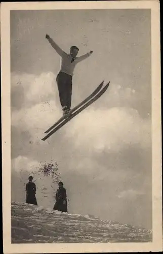 Ak Mann auf Skiern beim Sprung, Skispringer