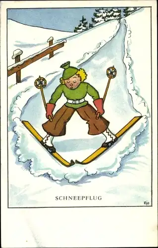 Künstler Ak Schneepflug, Skifahrer bremst