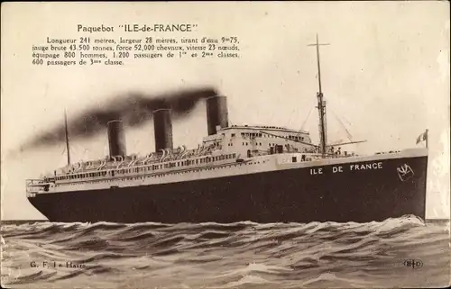Ak Dampfer, Dampfschiff, Paquebot Ile de France, CGT French Line