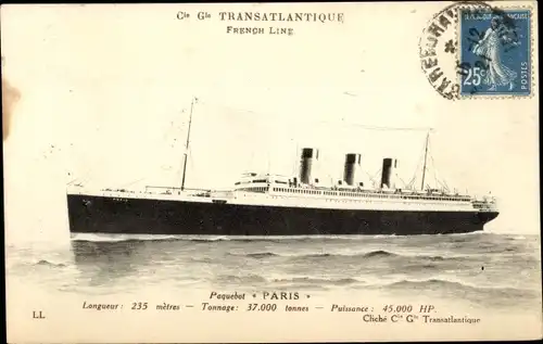 Ak Paquebot Paris, CGT French Line