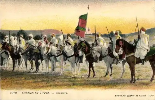 Ak Scenes et Types, Goumiers, Arabische Krieger zu Pferden
