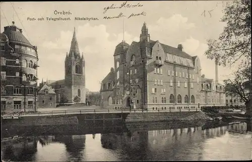 Ak Örebro Schweden, Post- och Telegrafhuset, Nikolaikyrkan