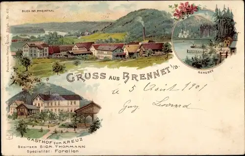 Litho Brennet Wehr in Baden, Gasthof zum Kreuz, Bergsee, Blick auf den Ort