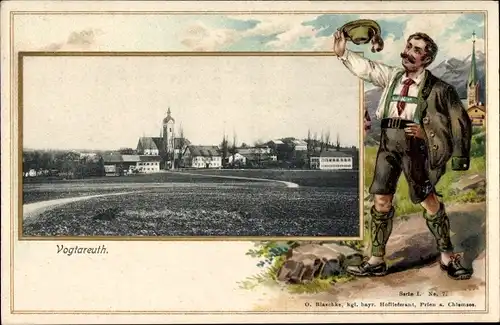 Passepartout Ak Vogtareuth in Oberbayern, Gesamtansicht, Mann in typischer Tracht