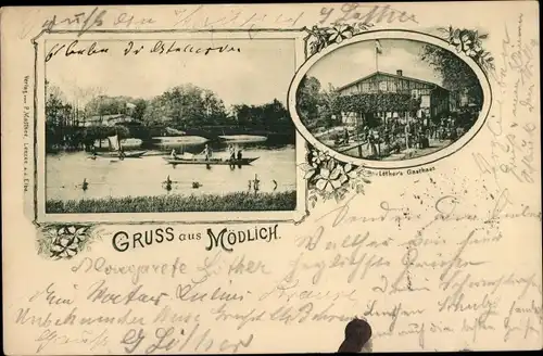 Ak Mödlich Lenzerwische in der Prignitz, Gasthaus, Ruderboote auf dem Wasser