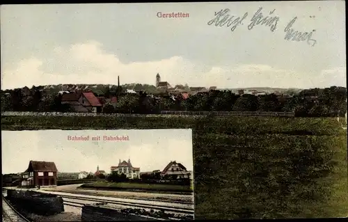 Ak Gerstetten auf der Alb Württemberg, Bahnhof mit Bahnhotel, Gleisseite, Blick auf den Ort