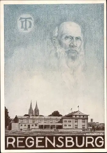 Künstler Ak Hufnagel, Regensburg an der Donau Oberpfalz, Jahnturnhalle, Einweihung, Turnvater Jahn