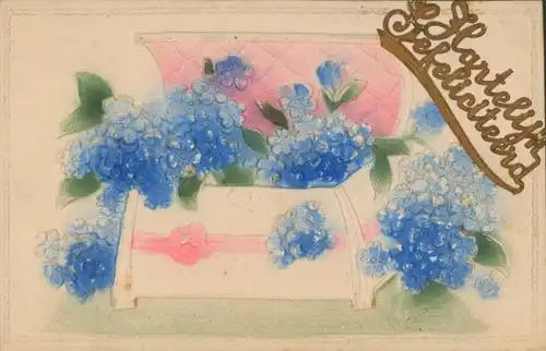 Relief Ak Hartelijk Gefeliciteerd, Blumen, Vergissmeinnicht, Truhe