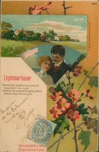 Mechanische Ak Liebespaar, Blumen, Le premier baiser, Aimons nous, et que les heures propices