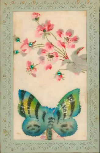 Passepartout Stoff Ak Schmetterling, Blumen