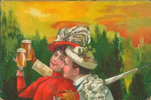 Glitzer Litho Liebespaar, Kuss, Biergläser, Sonnenschirm