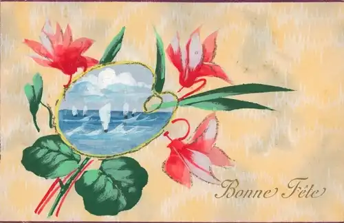 Glitzer Ak Glückwunsch, Bonne Fete, Blumen, Segelpartie