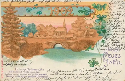 Litho Glückwunsch Neujahr 1902, Stadtansicht, Brücke, Fluss, Glücksklee