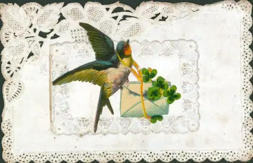 Klapp Ak Schwalbe mit Brief, Post, Glücksklee, Spitzen