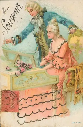 Glitzer Ak Musikunterricht, Frau spielt Klavier, Lehrer