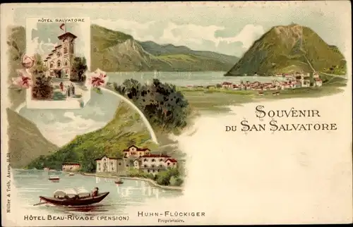 Litho Lugano Kanton Tessin, Monte San Salvatore, Hotel Salvatore, Hotel Beau Rivage