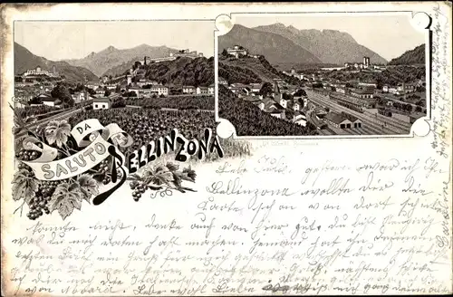 Litho Bellinzona Kanton Tessin, Panorama mit Bahnhof