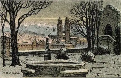 Künstler Litho Bollmann, Emil, Zürich Stadt Schweiz, Lindenhof mit Großmünster