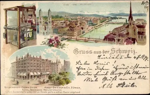 Litho Zürich Stadt Schweiz, Gesamtansicht, Seidenstoff Fabrik Union Adolf Grieder