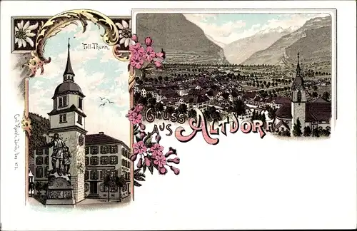Litho Altdorf Kt Uri, Gesamtansicht, Tell Turm