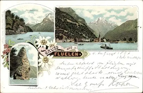 Litho Flüelen Kanton Uri Schweiz, Tellskapelle, Panorama, Schillerstein