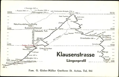 Ak Spiringen Kanton Uri, Klausenstraße, Gasthaus St. Anton, Fußweg nach Urigen