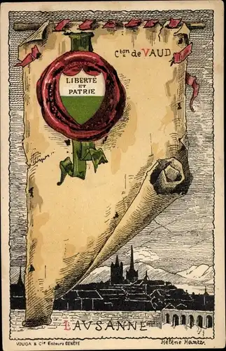 Künstler Ak Lausanne Kanton Waadt, Teilansicht, Urkunde, Liberte et Patrie