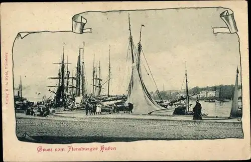 Ak Flensburg in Schleswig Holstein, Partie im Hafen, Segelschiffe