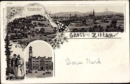 Litho Zittau in der Oberlausitz, Kirche, Dorf, Ruine und Berg Oybin, Rathaus, Panorama vom Ort