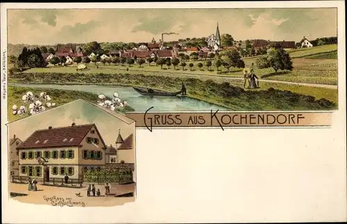 Litho Kochendorf Bad Friedrichshall in Württemberg, Gasthof, Blick auf den Ort