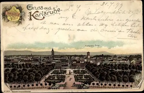 Litho Karlsruhe in Baden Württemberg, Totalansicht der Stadt, Parkanlage, Denkmal
