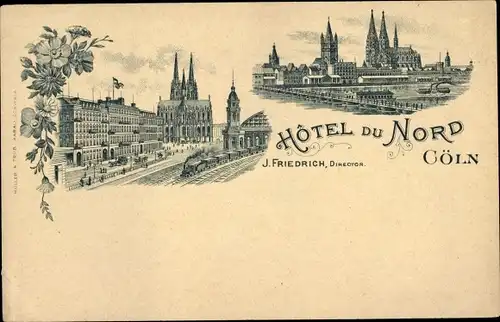 Litho Köln am Rhein, Hotel du Nord, Stadtansicht mit Schiffbrücke