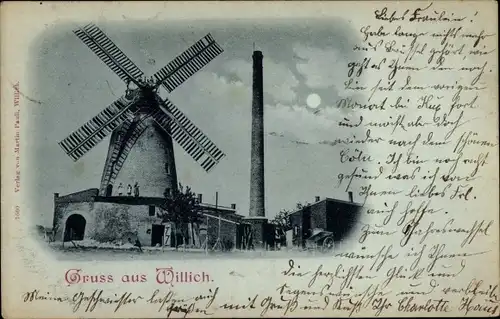 Mondschein Ak Willich am Niederrhein, Windmühle, Schornstein