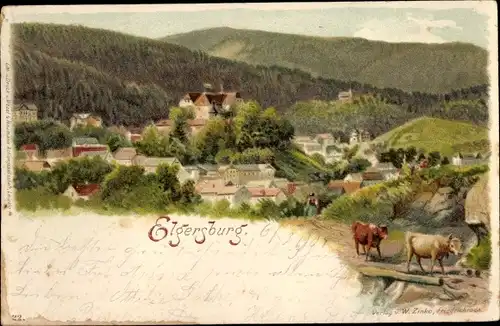 Litho Elgersburg in Thüringen, Panoramaansicht des Ortes, Kühe